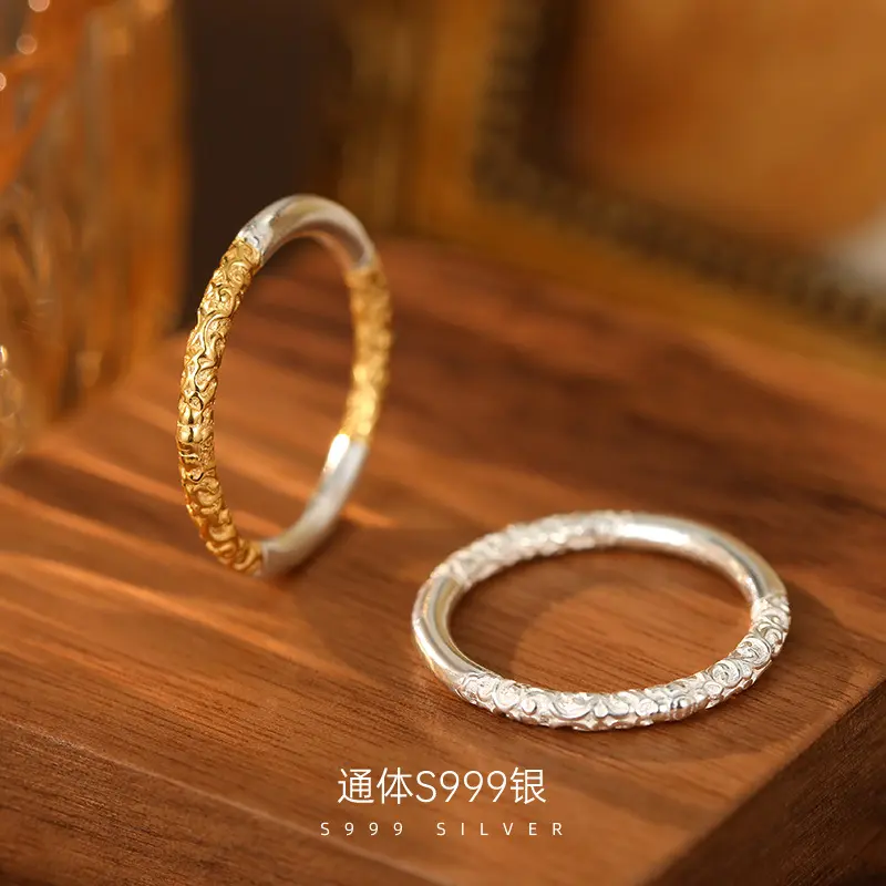 S999 sterling silver flower ring, gold plated, antique