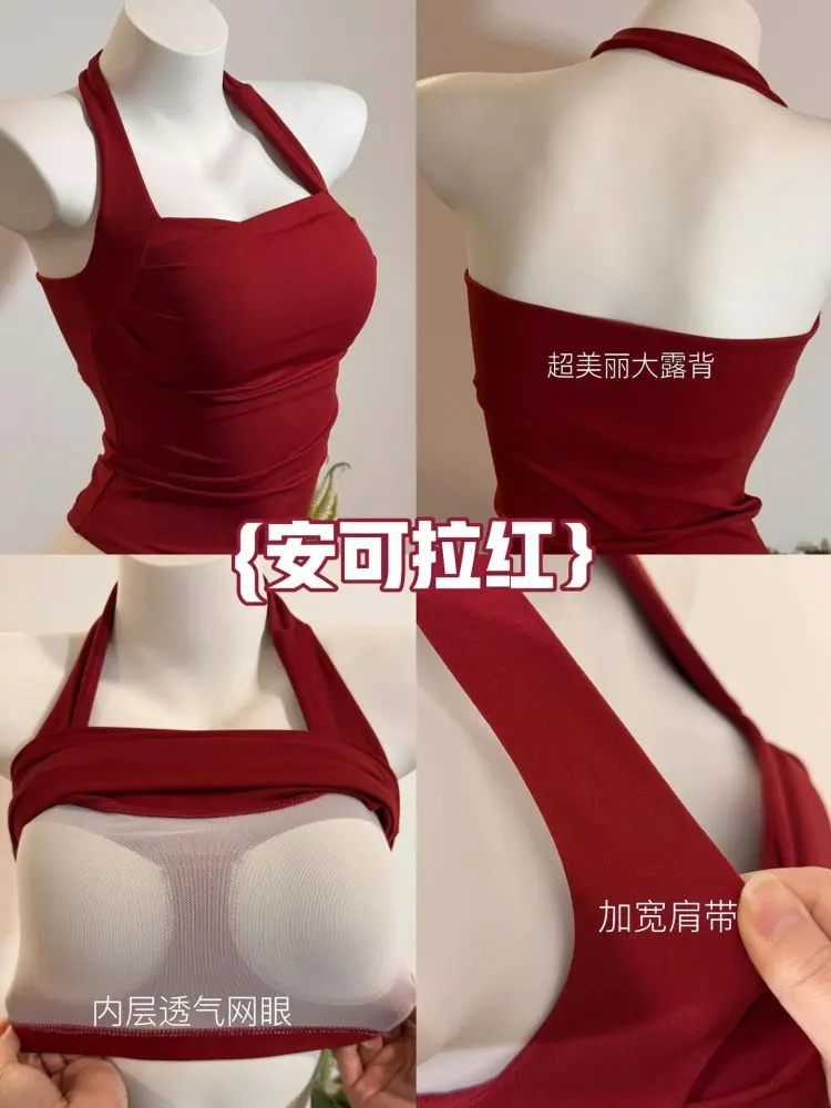 Red Backless Halter Yoga Tank Top, Thin Summer Style with Bra Pads