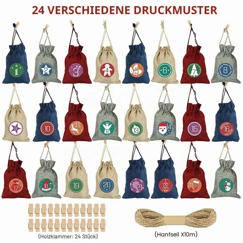 Wiederverwendbarer Weihnachtskalender mit 24 Stoffbeuteln zum Befüllen