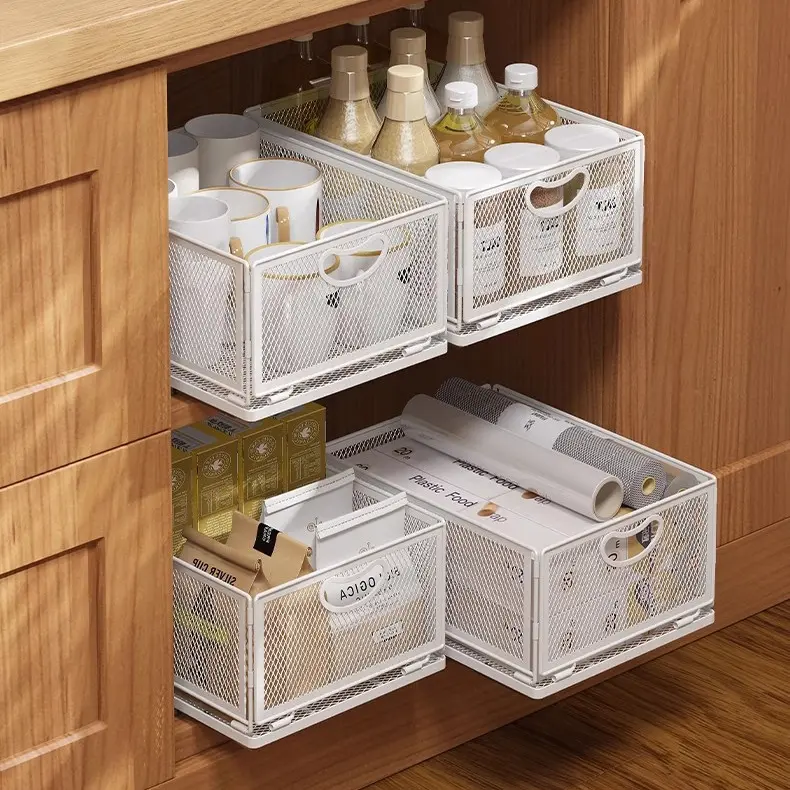 Foldable metal storage basket for kitchen and bathroom