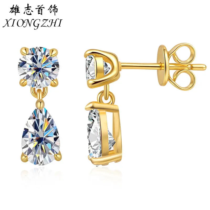 925 Sterling Silver Water Drop Moissanite Stud Earrings, 18K Gold Plated Pear Cut