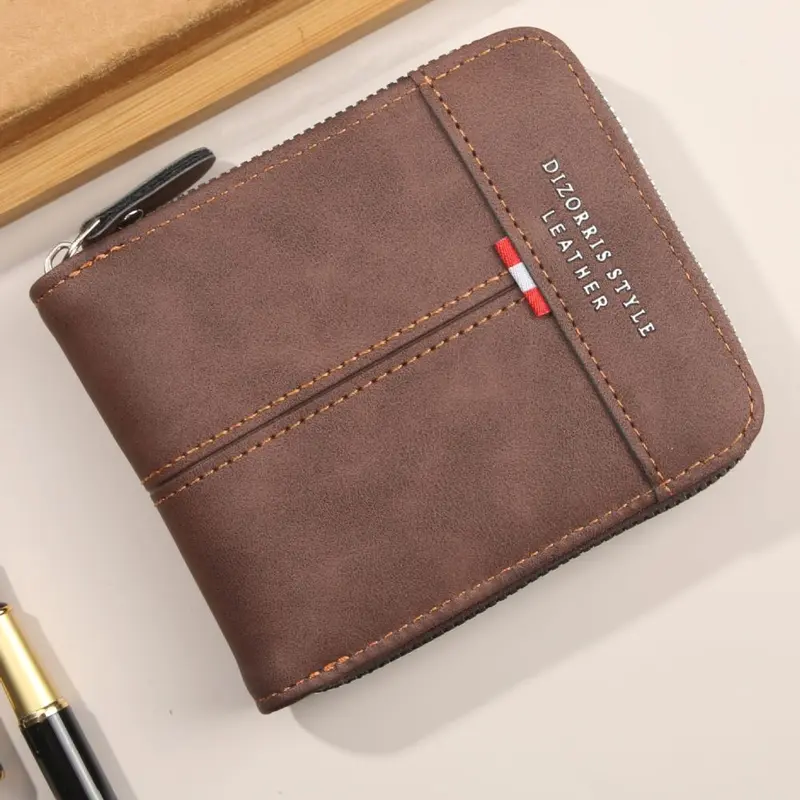 Men's Short Horizontal Tri-Fold Wallet with Zip Coin Pocket, Retro