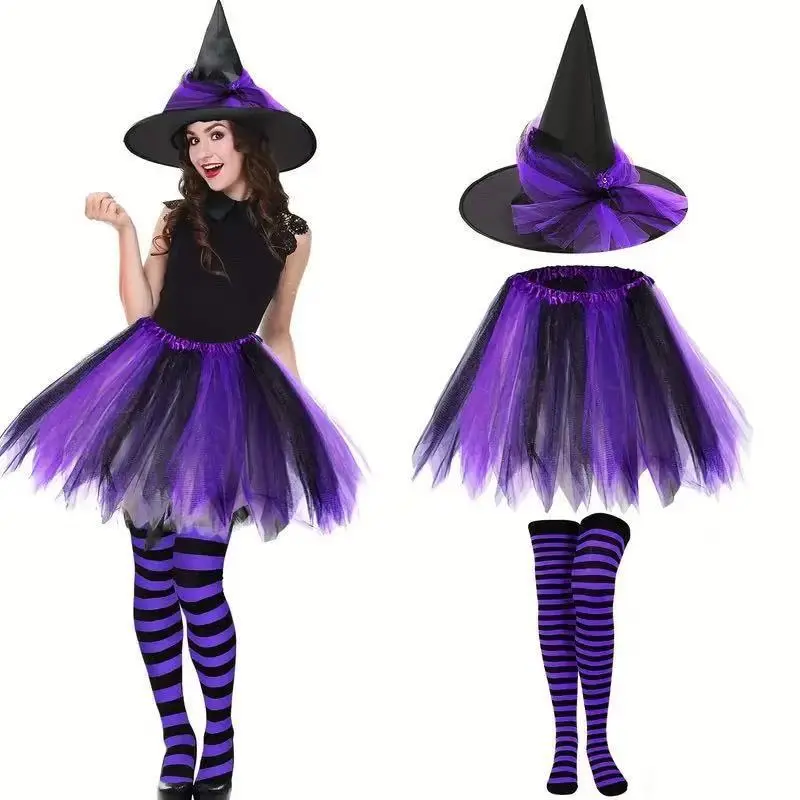 Halloween Witch Hat Set with Striped Stockings and Puffy Skirt