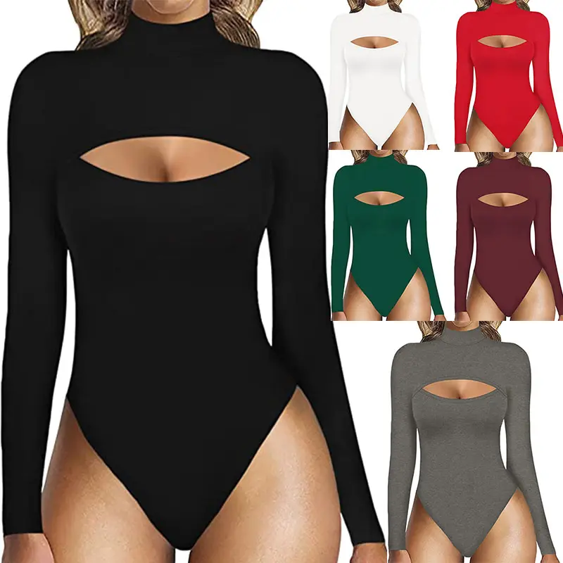 Women's Sexy High Neck Front Cut-Out Thin Long Sleeve Jumpsuit
