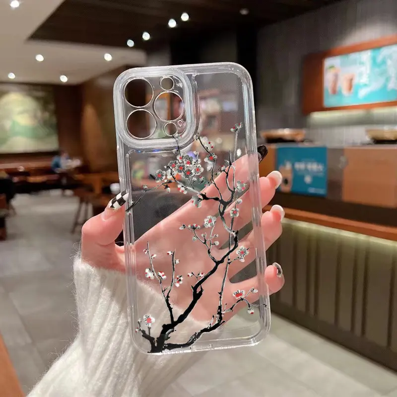 Chinese plum blossom phone case for iPhone 13/14/15 transparent full coverage