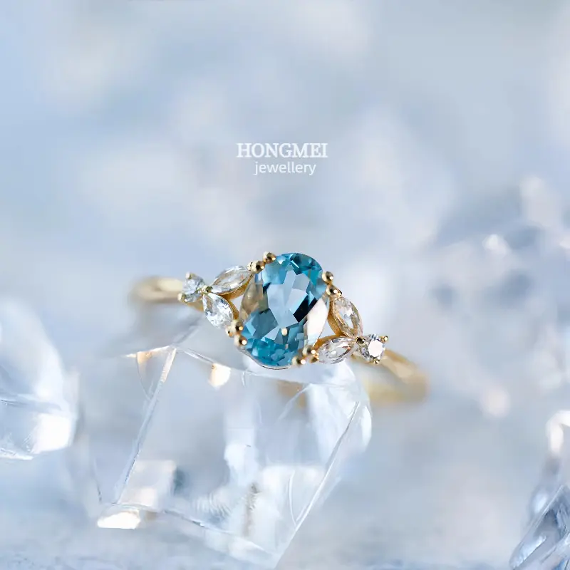 S925 silver 18K gold aquamarine zirconia ring women