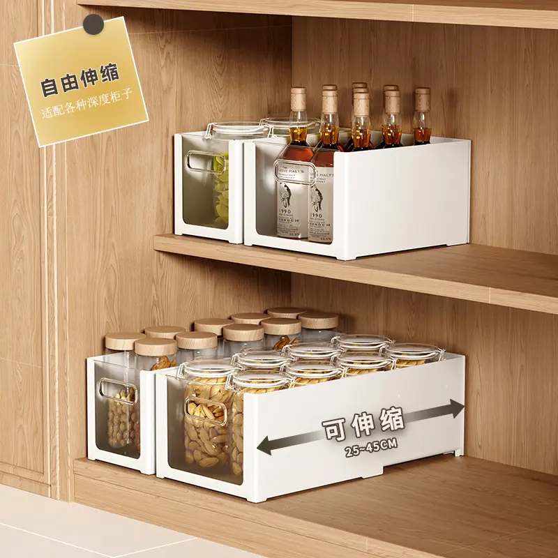 Retractable kitchen storage basket, transparent, extended length for cabinet use