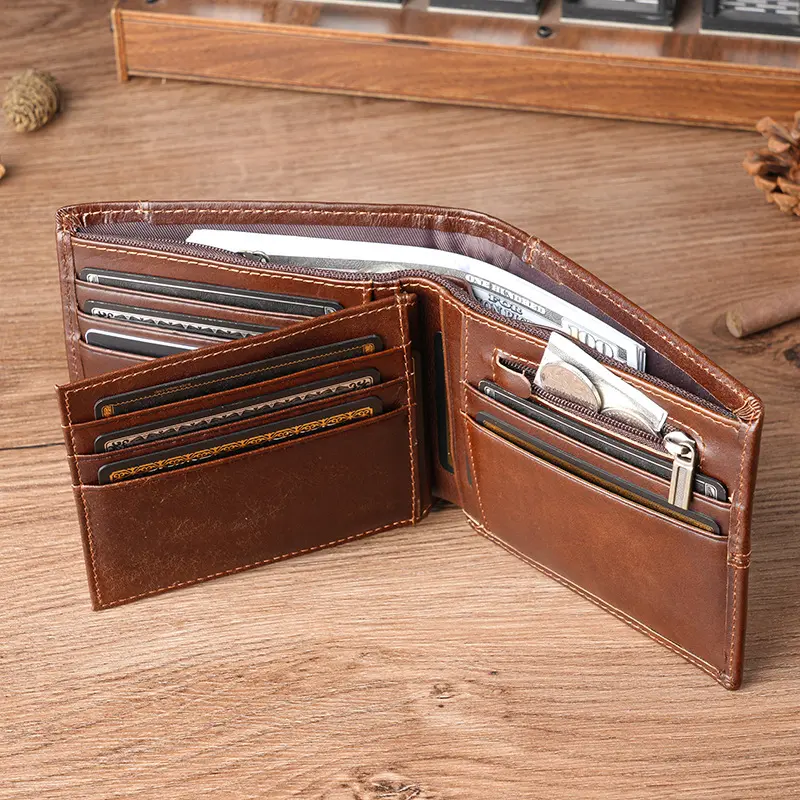 Men's Genuine Leather Short Wallet, Crazy Horse Leather, Compact