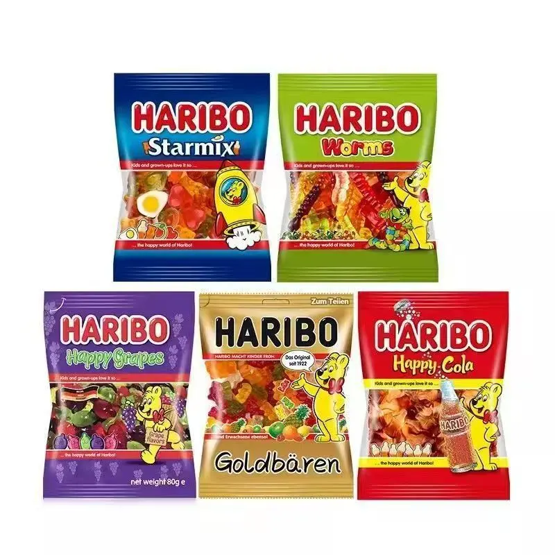 Haribo yumuşak şeker, küçük paket, üzüm ve kola aromalı