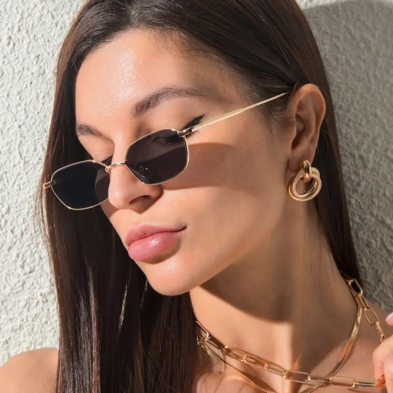Small-Frame Polygon Metal Sunglasses, Unisex, Ocean Lens