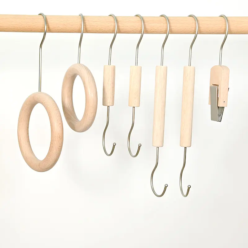 Solid Wood S-Hook with Wooden Ring Clip, Store Display Hook for Clothes, Bags and Hats
