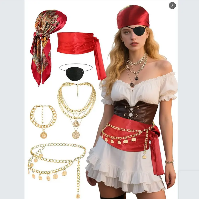 Women's Pirate Costume Set with Waist Chain, Halloween Cosplay